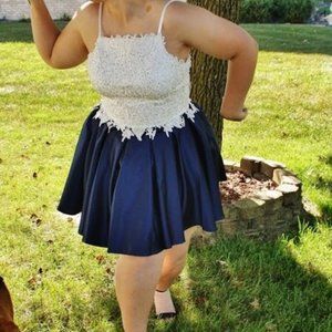 Navy Blue Satin Skirt, Off White Lace Top Teo Piece Formal Outfit